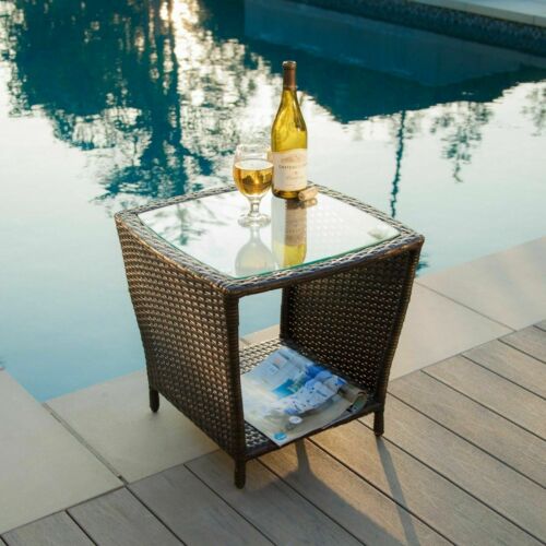 Easton Modern Outdoor Brown Wicker Side Table With Tempered Glass Top