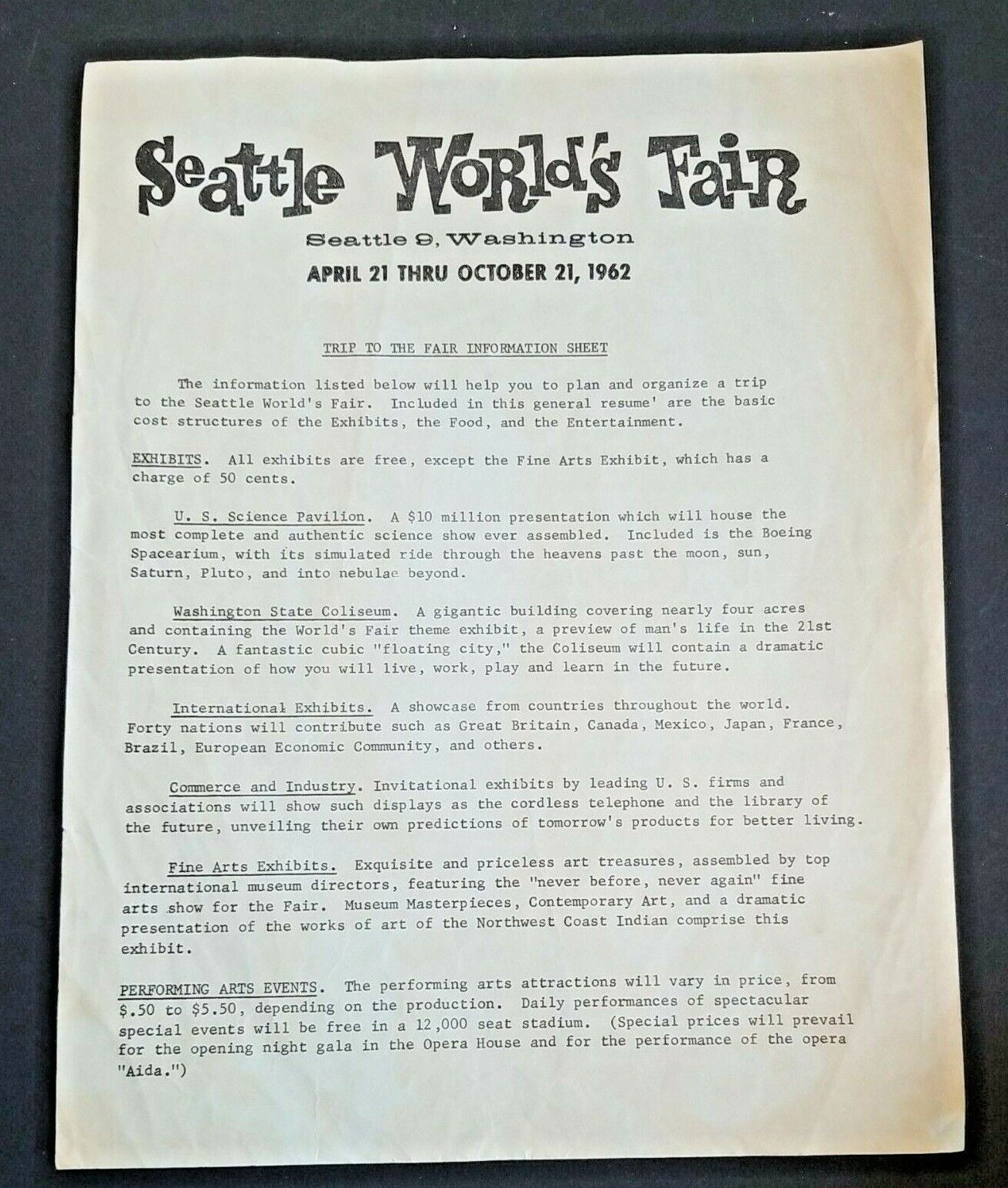 Seattle' World's Fair "trip To The Fair Information Sheet" Original