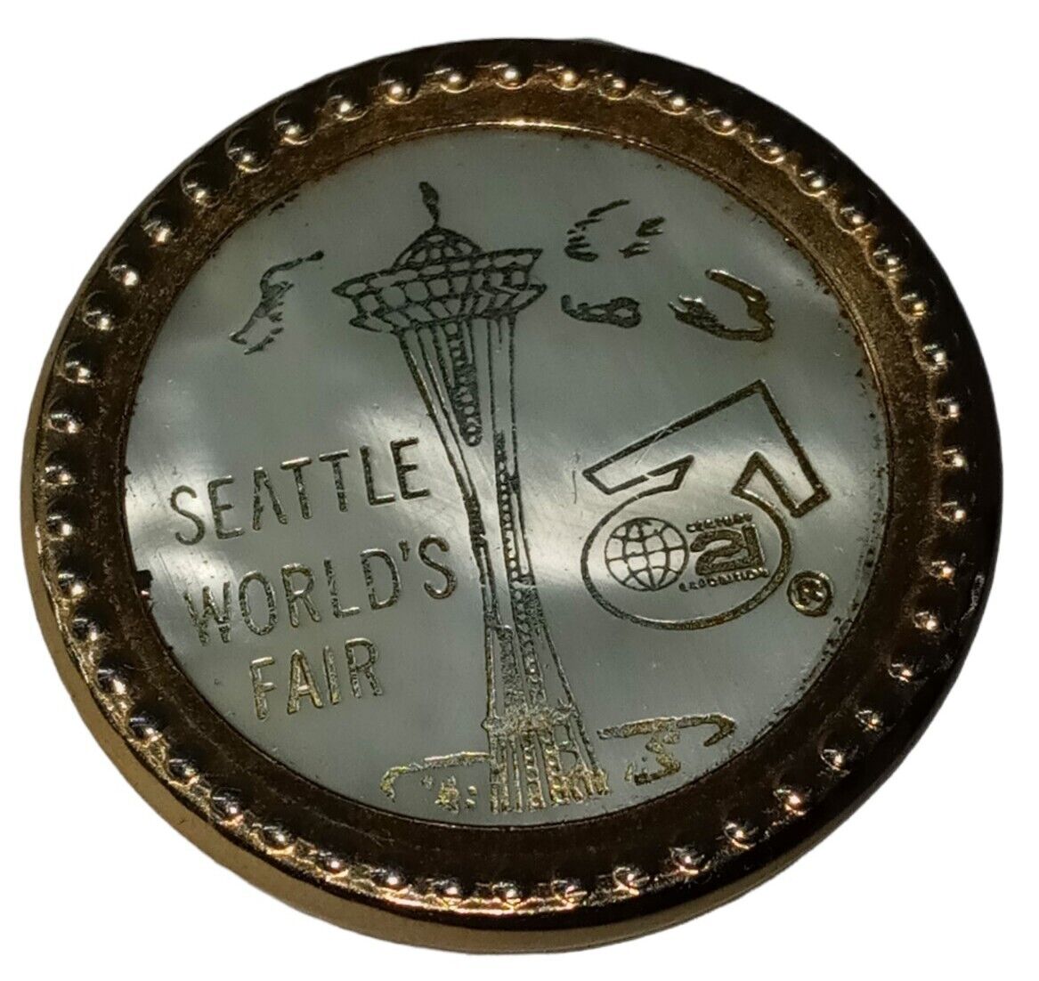 Vintage 1962 Seattle World's Fair Gold Tone Mother Of Pearl Round Pin Brooch