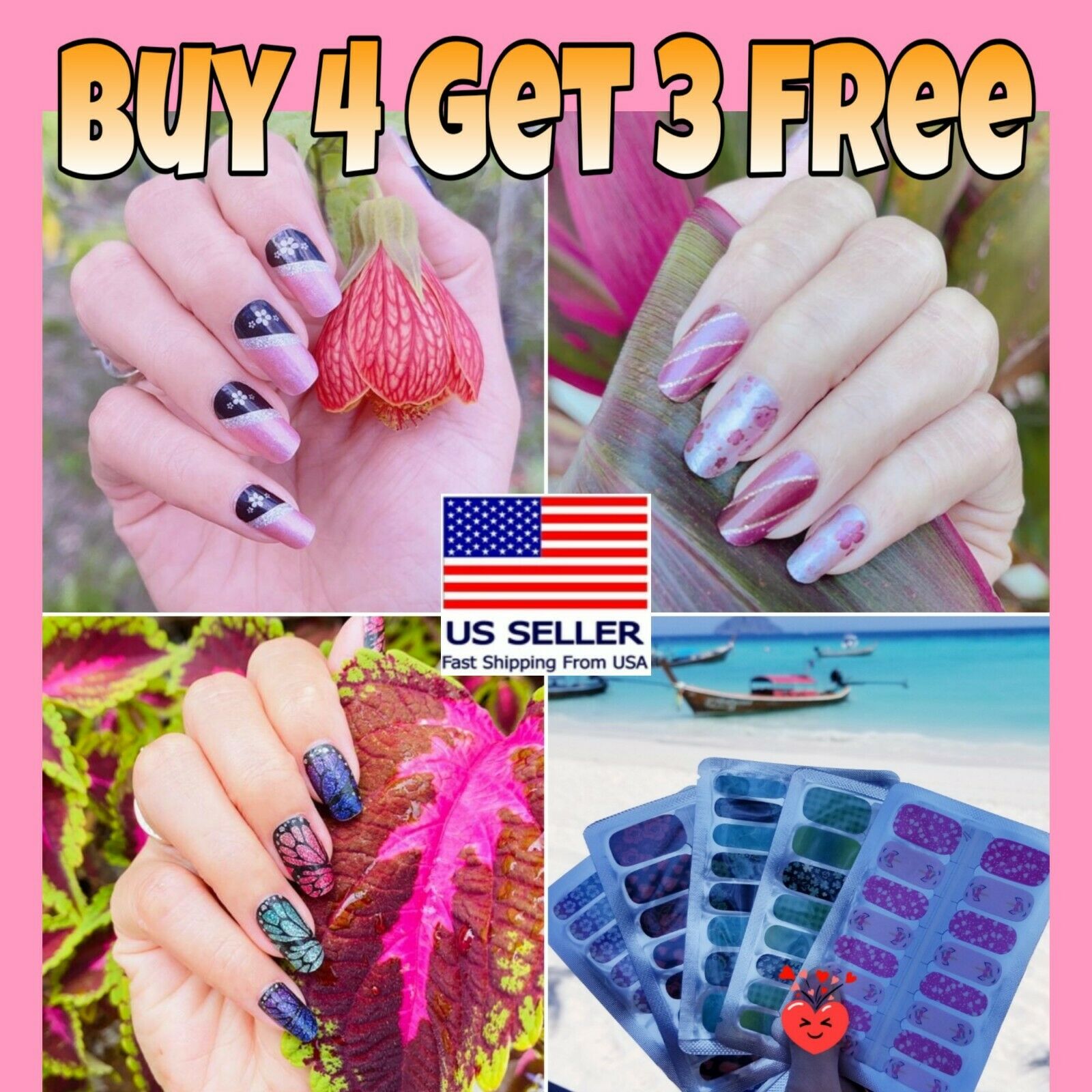 Color Nail Polish Strips Buy 4 Get 3 Free Glitter Flowers Nail Wraps Stickers