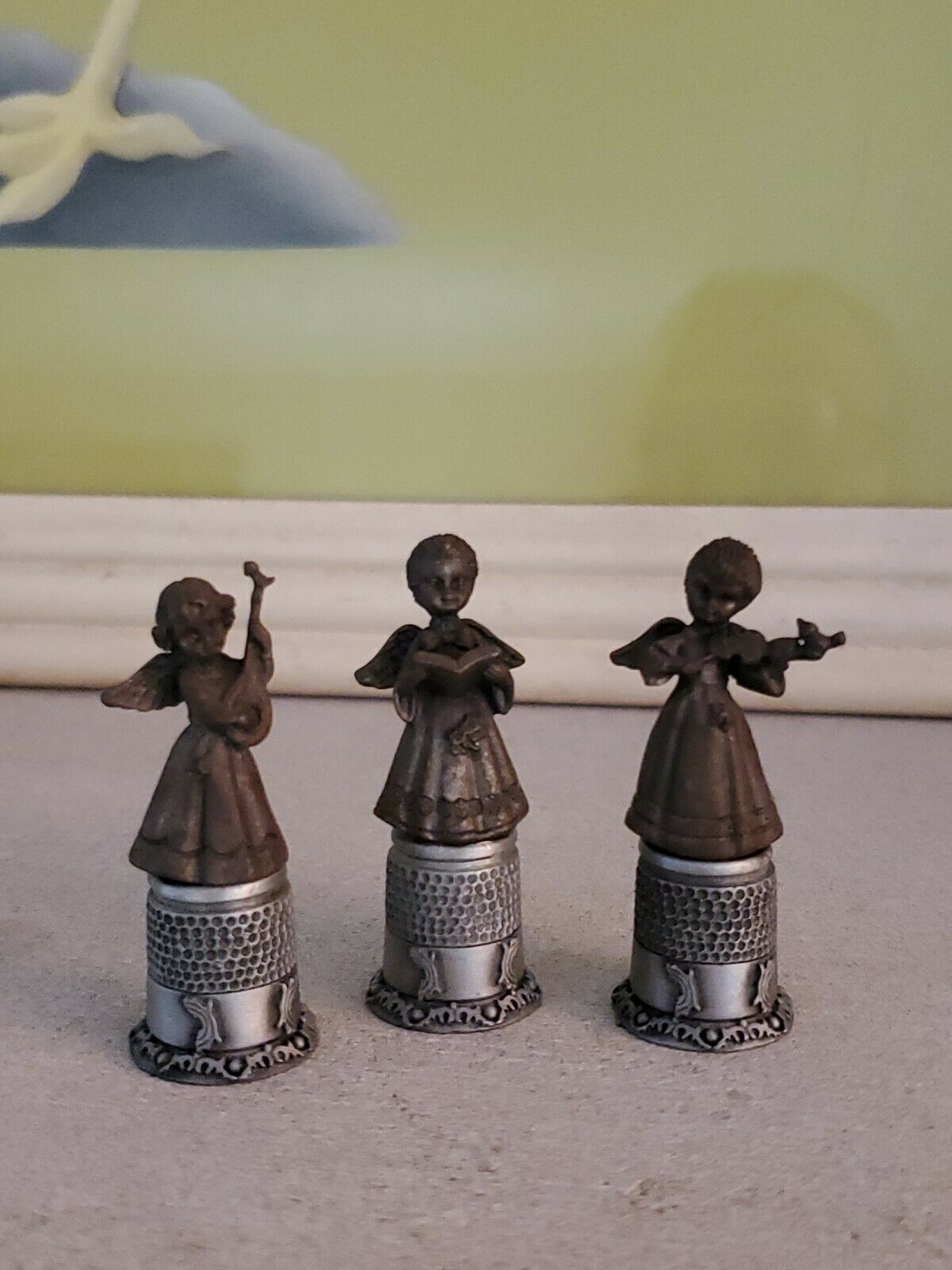 Vintage Fort Pewter Thimbles, Set Of 3 Figural Brass Angels, Ornate